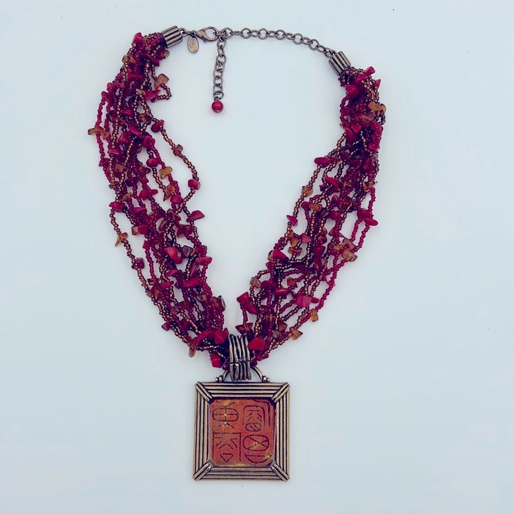 Chico's Vintage Bohemian Red Multi-Strand Statement Necklace Bronze Pendant